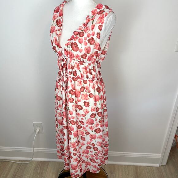 SIPOS NEW YORK Strawberry Floral Midi Dress In White Pink Size Large - Picture 8 of 14